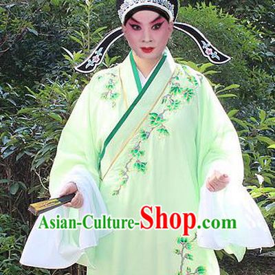 Traditional China Beijing Opera Niche Costume Lang Scholar Embroidered Robe and Headwear, Ancient Chinese Peking Opera Embroidery Green Xiucai Gwanbok Clothing