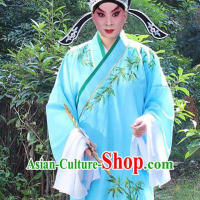 Traditional China Beijing Opera Niche Costume Scholar Embroidered Robe and Headwear, Ancient Chinese Peking Opera Embroidery Blue Xiucai Gwanbok Clothing