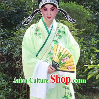 Traditional China Beijing Opera Niche Costume Scholar Embroidered Robe and Headwear, Ancient Chinese Peking Opera Embroidery Green Xiucai Gwanbok Clothing