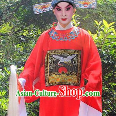Traditional China Beijing Opera Niche Costume Lang Scholar Embroidered Robe and Headwear, Ancient Chinese Peking Opera Embroidery Magistrate Red Gwanbok Clothing