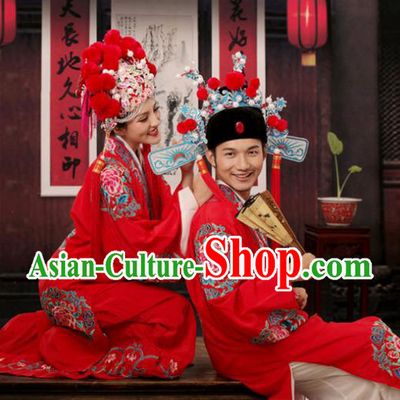 Traditional China Beijing Opera Costume Groom and Bride Embroidered Robe and Headwear, Ancient Chinese Peking Opera Embroidery Clothing
