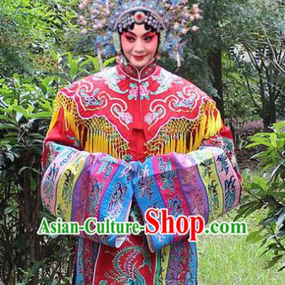 Traditional China Beijing Opera Palace Lady Hua Tan Costume Imperial Princess Red Embroidered Robe and Headwear, Ancient Chinese Peking Opera Female Diva Embroidery Dress Clothing