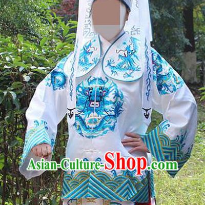 Traditional China Beijing Opera Takefu Costume Imperial Bodyguard White Embroidered Robe and Hat, Ancient Chinese Peking Opera Embroidery Gwanbok Clothing