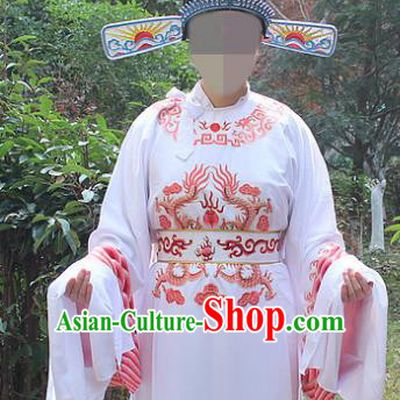 Traditional China Beijing Opera Niche Costume Lang Scholar White Embroidered Robe and Hat, Ancient Chinese Peking Opera Embroidery Emperor Son-in-law Gwanbok Clothing
