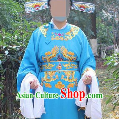 Traditional China Beijing Opera Niche Costume Lang Scholar Blue Embroidered Robe and Hat, Ancient Chinese Peking Opera Embroidery Emperor Son-in-law Gwanbok Clothing