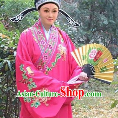 Traditional China Beijing Opera Niche Costume Scholar Peach Pink Embroidered Robe and Hat, Ancient Chinese Peking Opera Embroidery Chrysanthemum Clothing