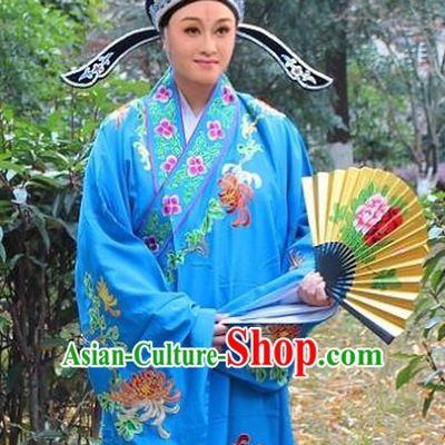 Traditional China Beijing Opera Niche Costume Scholar Blue Embroidered Robe and Hat, Ancient Chinese Peking Opera Embroidery Chrysanthemum Clothing