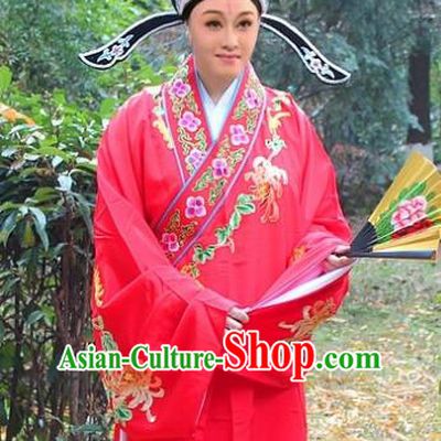Traditional China Beijing Opera Niche Costume Scholar Red Embroidered Robe and Hat, Ancient Chinese Peking Opera Embroidery Chrysanthemum Clothing