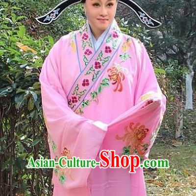 Traditional China Beijing Opera Niche Costume Scholar Pink Embroidered Robe and Hat, Ancient Chinese Peking Opera Embroidery Chrysanthemum Clothing