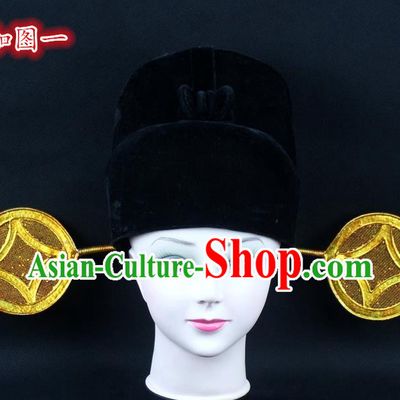 Traditional China Beijing Opera Young Men Hair Accessories Pierrot Hat, Ancient Chinese Peking Opera Magistrates Black Gauze Cap