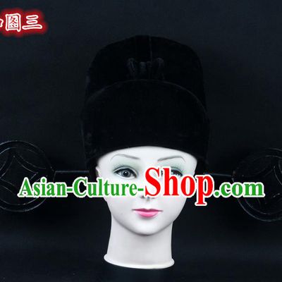 Traditional China Beijing Opera Young Men Hair Accessories Pierrot Hat, Ancient Chinese Peking Opera Magistrates Black Gauze Cap