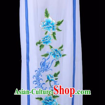 Traditional China Beijing Opera Young Lady Hua Tan Costume Embroidered Pleated Skirt, Ancient Chinese Peking Opera Diva Embroidery Blue Peony Dress Bust Skirt