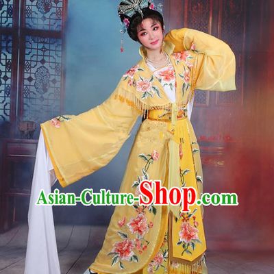 Traditional China Beijing Opera Young Lady Hua Tan Costume Imperial Concubine Yellow Embroidered Cape, Ancient Chinese Peking Opera Diva Embroidery Peony Dress Clothing