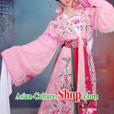 Traditional China Beijing Opera Young Lady Hua Tan Costume Imperial Concubine Pink Embroidered Cape, Ancient Chinese Peking Opera Diva Embroidery Peony Dress Clothing