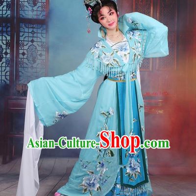 Traditional China Beijing Opera Young Lady Hua Tan Costume Imperial Concubine Blue Embroidered Cape, Ancient Chinese Peking Opera Diva Embroidery Peony Dress Clothing