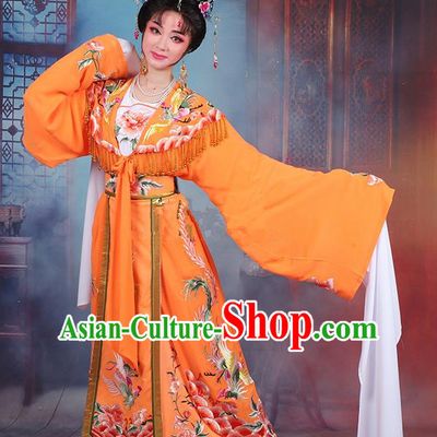 Traditional China Beijing Opera Young Lady Hua Tan Costume Diva Orange Embroidered Cape, Ancient Chinese Peking Opera Imperial Concubine Embroidery Dress Clothing