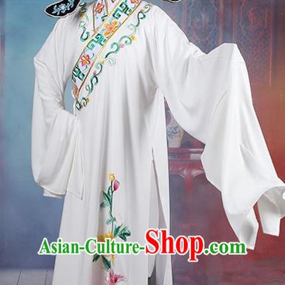 Traditional China Beijing Opera Young Men Costume Lang Scholar White Embroidered Robe, Ancient Chinese Peking Opera Niche Embroidery Clothing