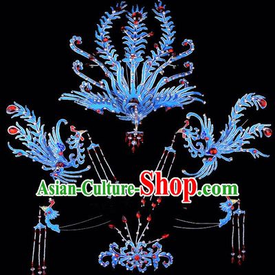 Traditional China Beijing Opera Young Lady Hair Accessories Blue Phoenix Head-ornaments Complete Set, Ancient Chinese Peking Opera Hua Tan Headwear Diva Headpiece