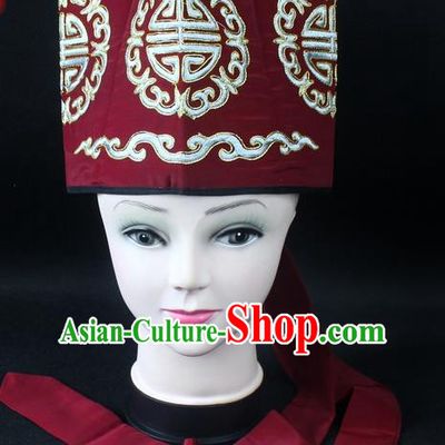 Traditional China Beijing Opera Hair Accessories Lao-Sheng Hat, Ancient Chinese Peking Opera Embroidery Amaranth Landlord Hat