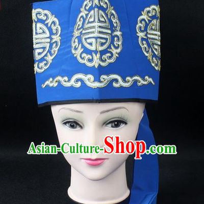 Traditional China Beijing Opera Hair Accessories Lao-Sheng Hat, Ancient Chinese Peking Opera Embroidery Blue Landlord Hat