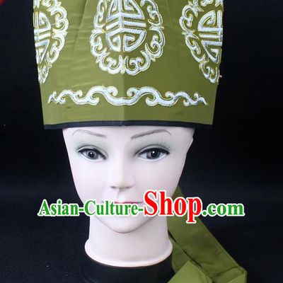 Traditional China Beijing Opera Hair Accessories Lao-Sheng Hat, Ancient Chinese Peking Opera Embroidery Green Landlord Hat