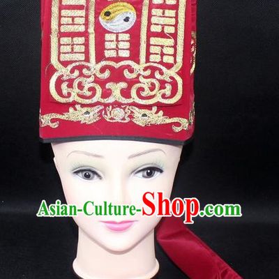 Traditional China Beijing Opera Hair Accessories Lao-Sheng Hat, Ancient Chinese Peking Opera Red Embroidery Gossip Hat