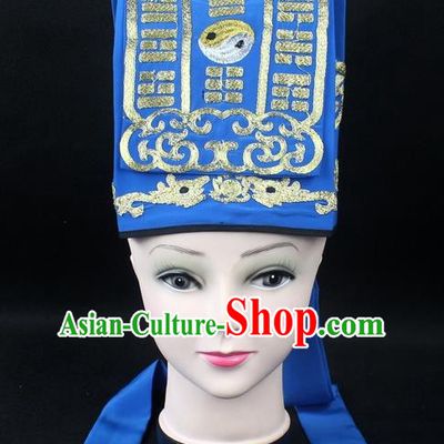 Traditional China Beijing Opera Hair Accessories Lao-Sheng Hat, Ancient Chinese Peking Opera Blue Embroidery Gossip Hat