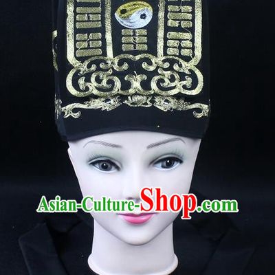 Traditional China Beijing Opera Hair Accessories Lao-Sheng Hat, Ancient Chinese Peking Opera Black Embroidery Gossip Hat
