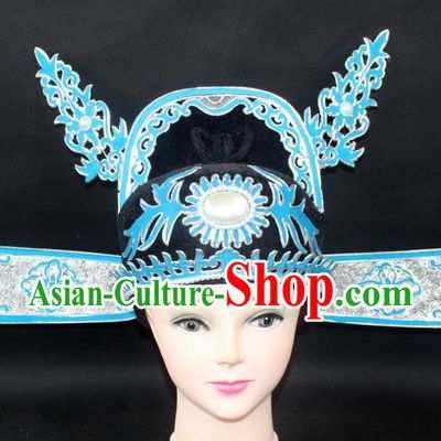 Traditional China Beijing Opera Lang Scholar Niche Hat, Ancient Chinese Peking Opera Men Black Gauze Cap Headwear Prime Minister Hat