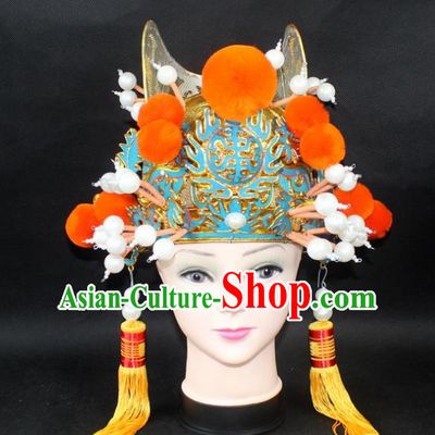 Traditional China Beijing Opera Lang Scholar Niche Hat, Ancient Chinese Peking Opera Eunuch Orange Venonat Cap Headwear Prime Minister Hat