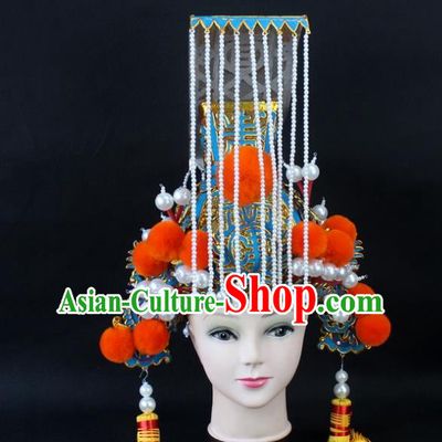 Traditional China Beijing Opera Qin Dynasty Emperor Tassel Hat, Ancient Chinese Peking Opera First Emperor of Qin Crown Headwear