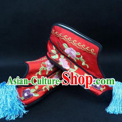 Traditional China Beijing Opera Female Warrior Embroidered Shoes, Ancient Chinese Peking Opera Blues Red Boots
