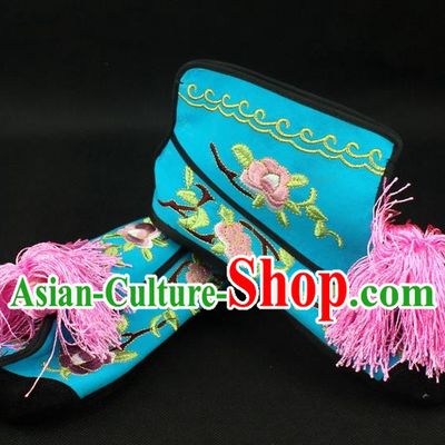 Traditional China Beijing Opera Female Warrior Embroidered Shoes, Ancient Chinese Peking Opera Blues Blue Boots