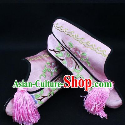Traditional China Beijing Opera Female Warrior Embroidered Shoes, Ancient Chinese Peking Opera Blues Pink Boots