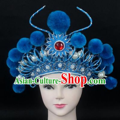 Traditional China Beijing Opera Swordplay Hair Accessories Blue Venonat Hat, Ancient Chinese Peking Opera Blues Headwear