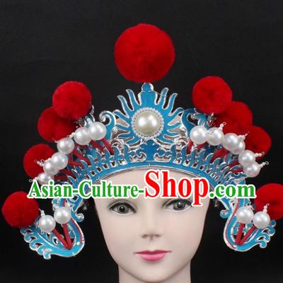 Traditional China Beijing Opera Hair Accessories Red Venonat General Hat, Ancient Chinese Peking Opera Takefu Helmet Headwear