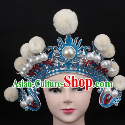 Traditional China Beijing Opera Hair Accessories White Venonat General Hat, Ancient Chinese Peking Opera Takefu Helmet Headwear