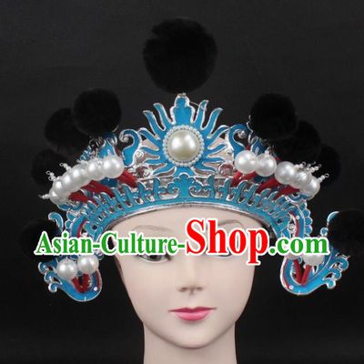 Traditional China Beijing Opera Hair Accessories Black Venonat General Hat, Ancient Chinese Peking Opera Takefu Helmet Headwear