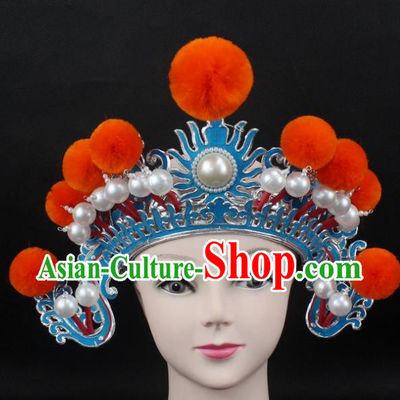 Traditional China Beijing Opera Hair Accessories Orange Venonat General Hat, Ancient Chinese Peking Opera Takefu Helmet Headwear