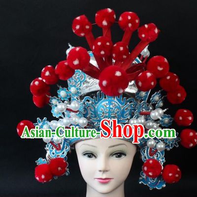 Traditional China Beijing Opera Headpiece General Helmet, Ancient Chinese Peking Opera Takefu Red Venonat Hat Headwear