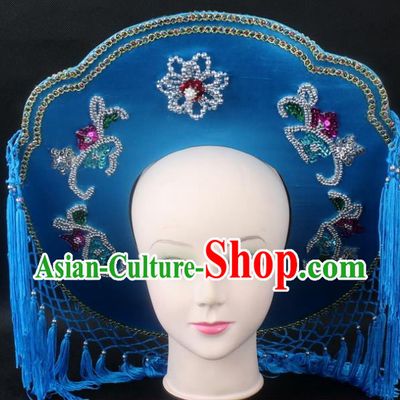 Traditional China Beijing Opera Hair Accessories Fisher-Woman Blue Hat, Ancient Chinese Peking Opera Swordplay Helmet Headwear