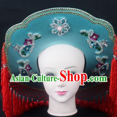 Traditional China Beijing Opera Hair Accessories Fisher-Woman Green Hat, Ancient Chinese Peking Opera Swordplay Helmet Headwear