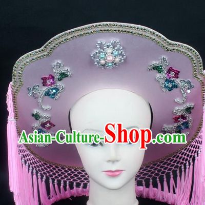 Traditional China Beijing Opera Hair Accessories Fisher-Woman Pink Hat, Ancient Chinese Peking Opera Swordplay Helmet Headwear