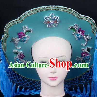 Traditional China Beijing Opera Hair Accessories Fisher-Woman Blue Veil Hat, Ancient Chinese Peking Opera Swordplay Helmet Headwear