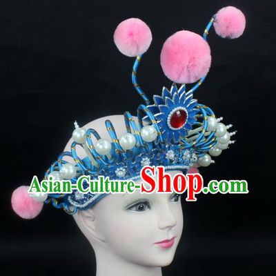 Traditional China Beijing Opera Swordplay Hair Accessories Pearls Hat, Ancient Chinese Peking Opera Blues Headwear