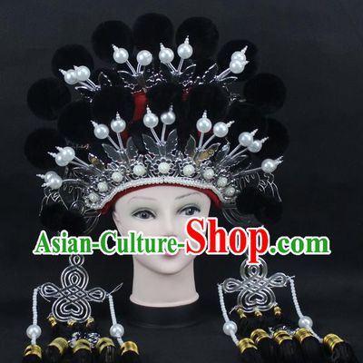 Traditional China Beijing Opera Young Lady Hair Accessories Female General Helmet, Ancient Chinese Peking Opera Swordplay Black Venonat Headwear