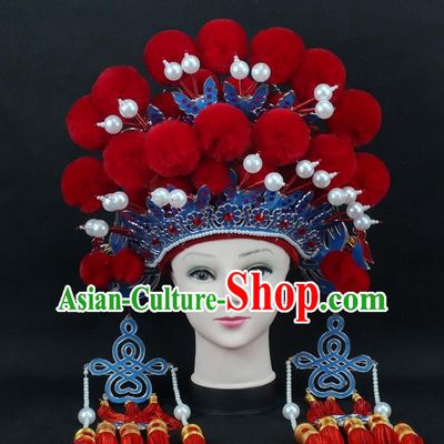 Traditional China Beijing Opera Young Lady Hair Accessories Female General Helmet, Ancient Chinese Peking Opera Swordplay Red Venonat Headwear