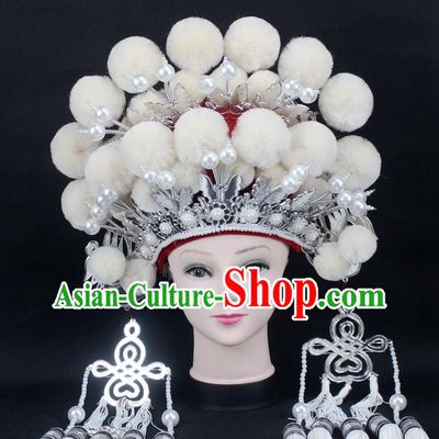 Traditional China Beijing Opera Young Lady Hair Accessories Female General Helmet, Ancient Chinese Peking Opera Swordplay White Venonat Headwear