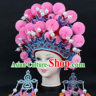 Traditional China Beijing Opera Young Lady Hair Accessories Female General Helmet, Ancient Chinese Peking Opera Swordplay Pink Venonat Headwear