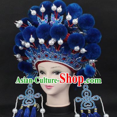 Traditional China Beijing Opera Young Lady Hair Accessories Female General Helmet, Ancient Chinese Peking Opera Swordplay Blue Venonat Headwear